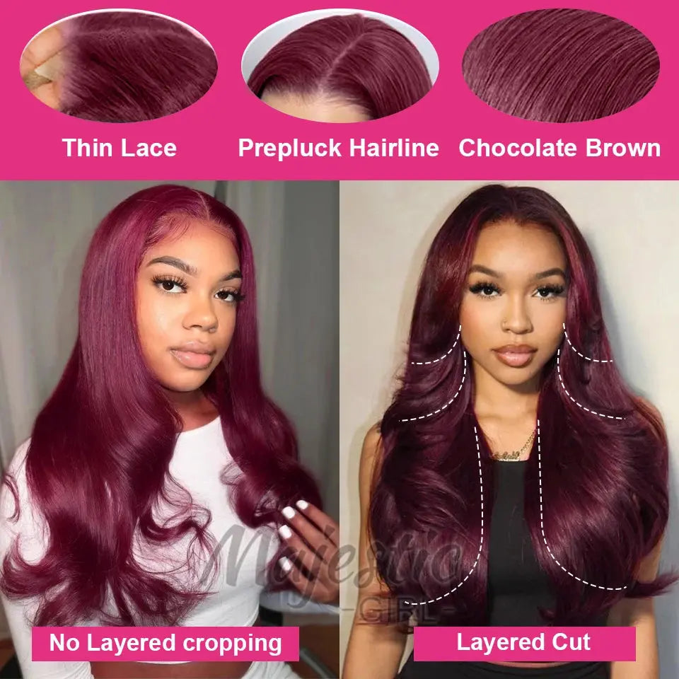 250 Density Dark Burgundy 9x6 Glueless Wigs Human Hair Ready To Wear Brazilian Colored Layer Cut Body Wave Wig Pre Cut Lace Trend Wigs