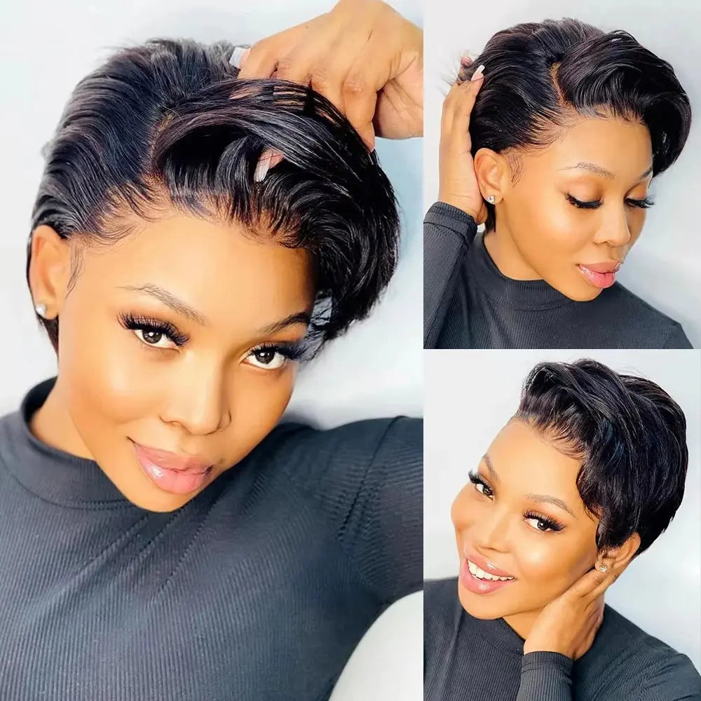 Brown Colored Pixie Cut Short Highlight Lace Human Hair Wigs For Women Ombre Short Brazilian Human Hair Wig Straight Pre Plucked Trend Wigs