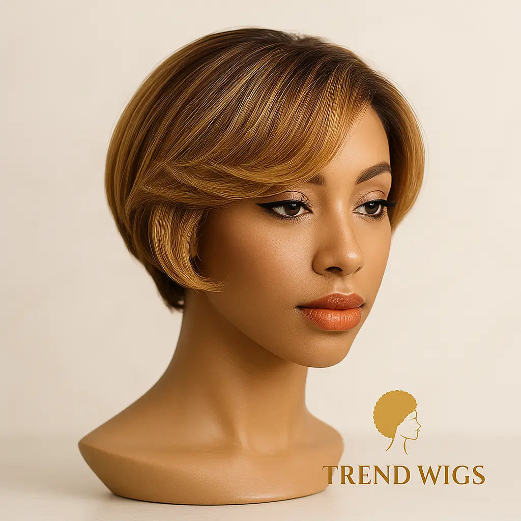 Brown Colored Pixie Cut Short Highlight Lace Human Hair Wigs For Women Ombre Short Brazilian Human Hair Wig Straight Pre Plucked Trend Wigs
