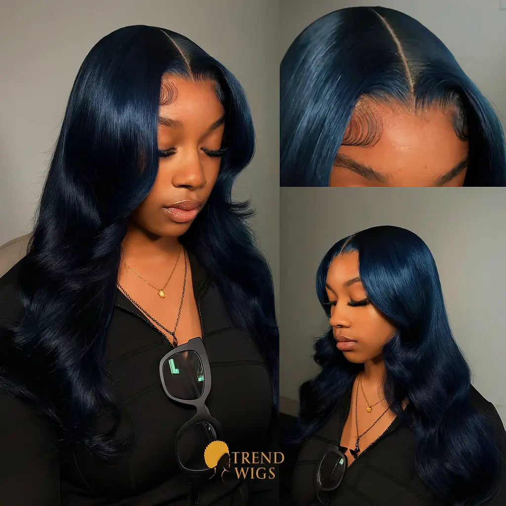 Midnight Blue Body Wave Wig Glueless Raw Hair HD Transparent | Perruque Bleu Nuit Ondulée Sans Colle Trend Wigs