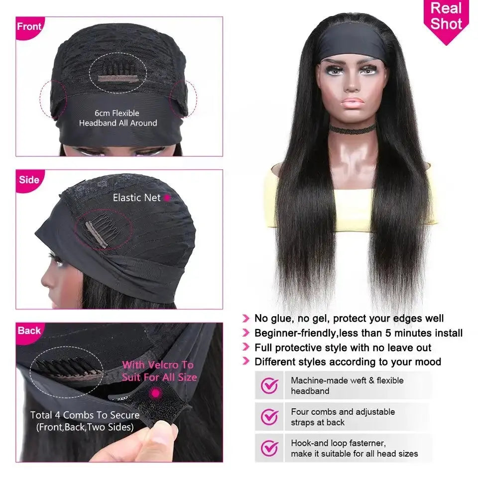 250% Density Straight Headband Wig Human Hair Wigs Brazilian Full Machine Made 100% Human Hair Wigs For Women Scarf Wig Trend Wigs