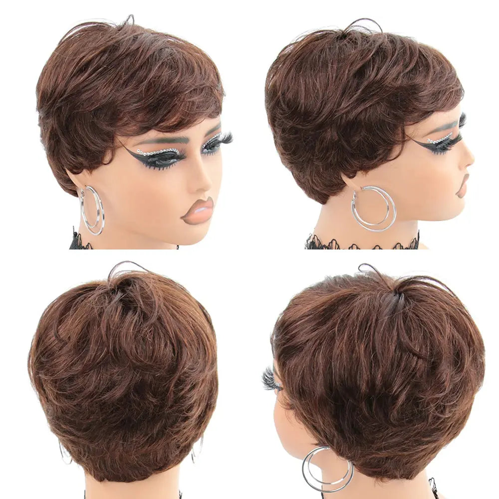 Chocolate Brown Short Pixie Cut Wig Human Hair For Black Women Machine Made Wigs With Bangs Brown Pixi Short Human Hair Wigs Trend Wigs