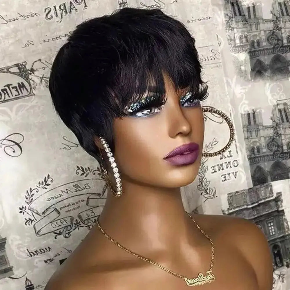 Chocolate Brown Short Pixie Cut Wig Human Hair For Black Women Machine Made Wigs With Bangs Brown Pixi Short Human Hair Wigs Trend Wigs