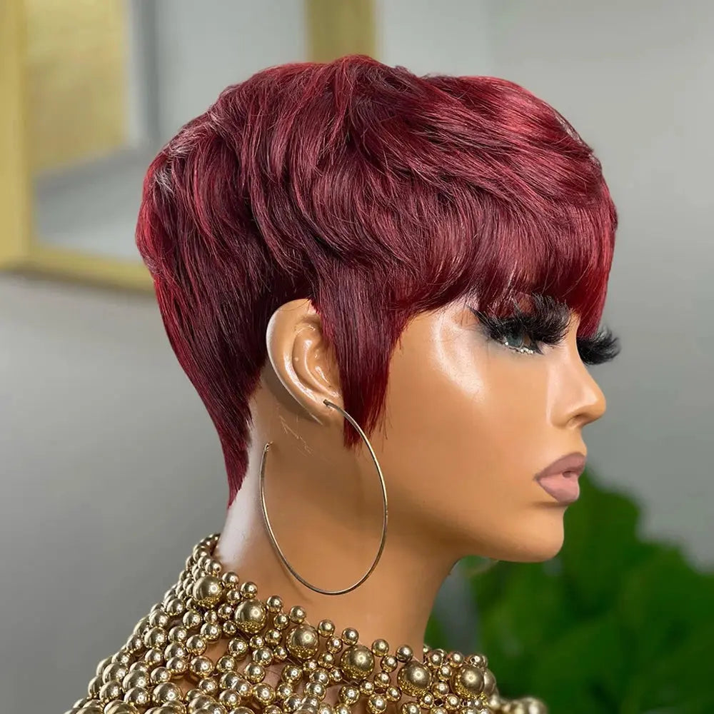 Chocolate Brown Short Pixie Cut Wig Human Hair For Black Women Machine Made Wigs With Bangs Brown Pixi Short Human Hair Wigs Trend Wigs