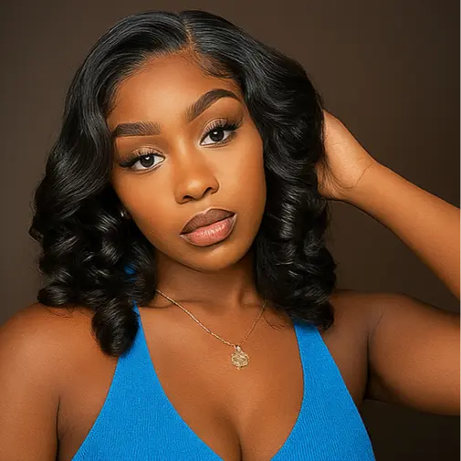 Wig Raw Hair Bob Courte Ondulée – Perruque 100% Cheveux Humains Brésiliens, Lace Front HD, Noir Naturel TrendWigs