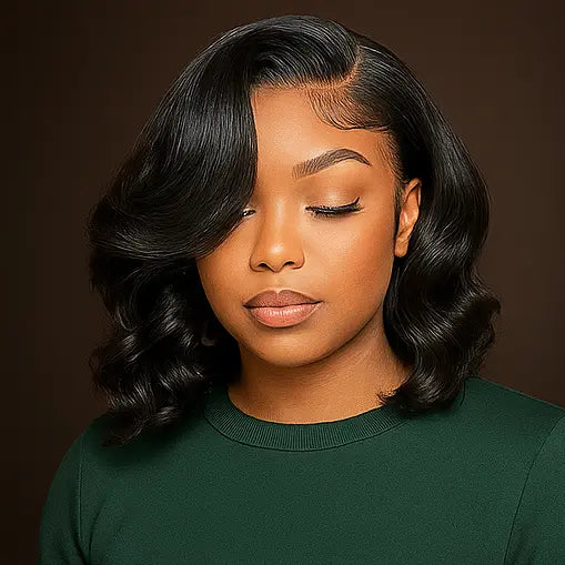 Wig Raw Hair Bob Courte Ondulée – Perruque 100% Cheveux Humains Brésiliens, Lace Front HD, Noir Naturel TrendWigs