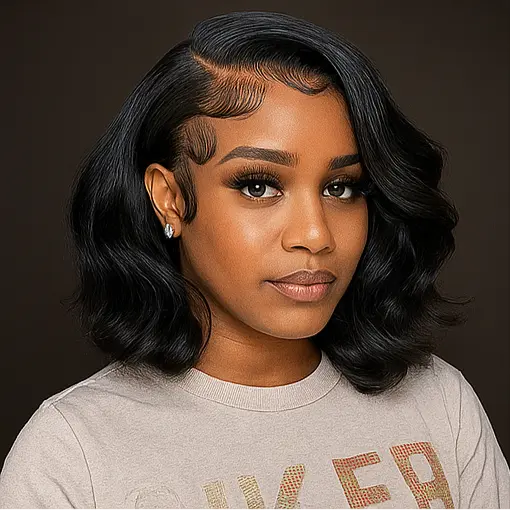 Wig Raw Hair Bob Courte Ondulée – Perruque 100% Cheveux Humains Brésiliens, Lace Front HD, Noir Naturel TrendWigs